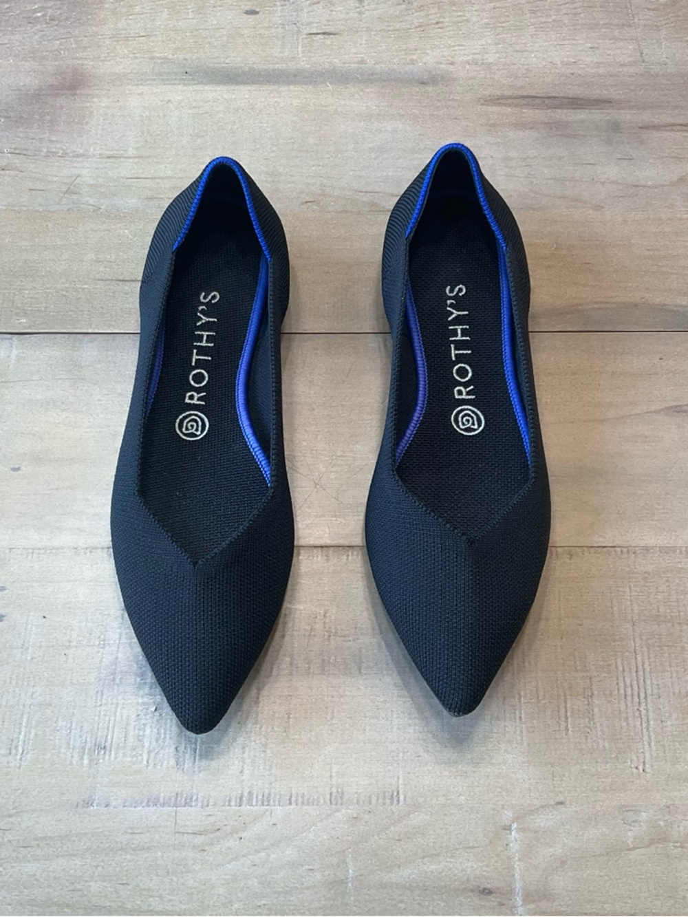 Rothy's Black Pointed Knit Flats with Blue Trim